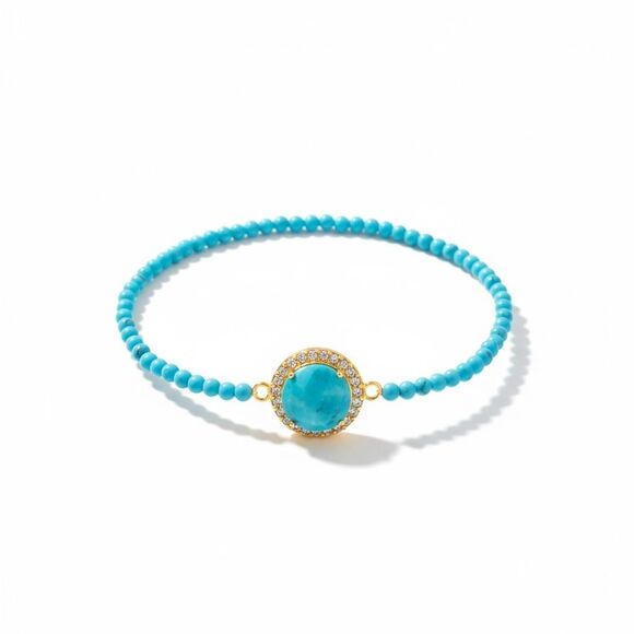 Turquoise Beaded Bracelet with Gold Vermeil Halo & Topaz Southwestern Boho Charm - Picture 1 of 5
